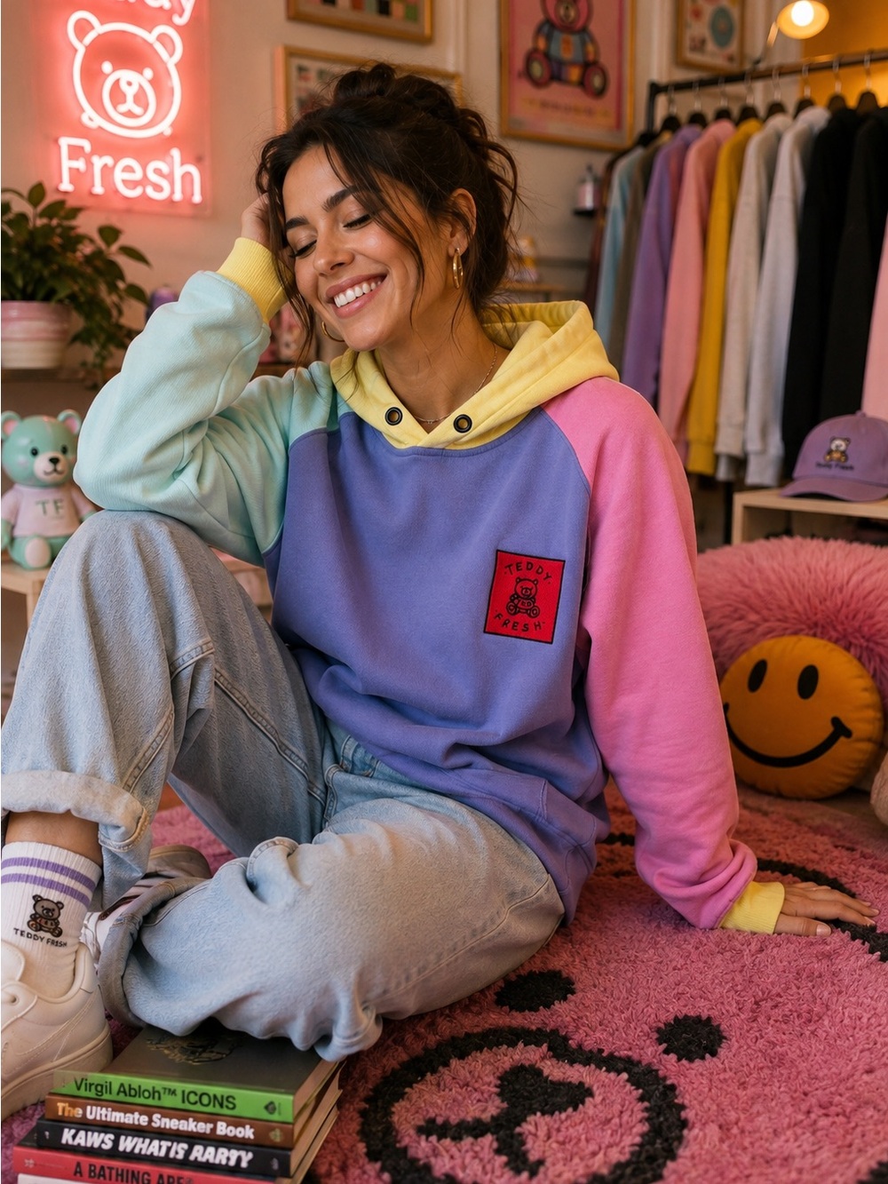Teddy Fresh Colorblock Hoodie Pastel Lavender Pink Mint Yellow Size Small Heavy